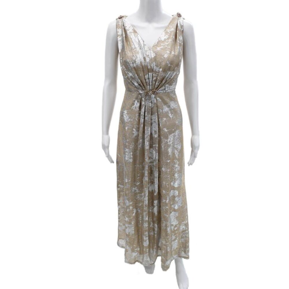 Tahari Levine Women Maxi Dress Beige V Neck Sleeveless Zip 100% Polyester Size 8